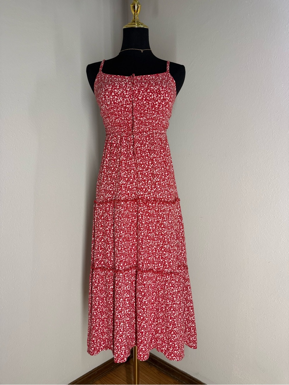 Hollister Red Ditsy Floral Maxi Dress with Spaghetti Straps